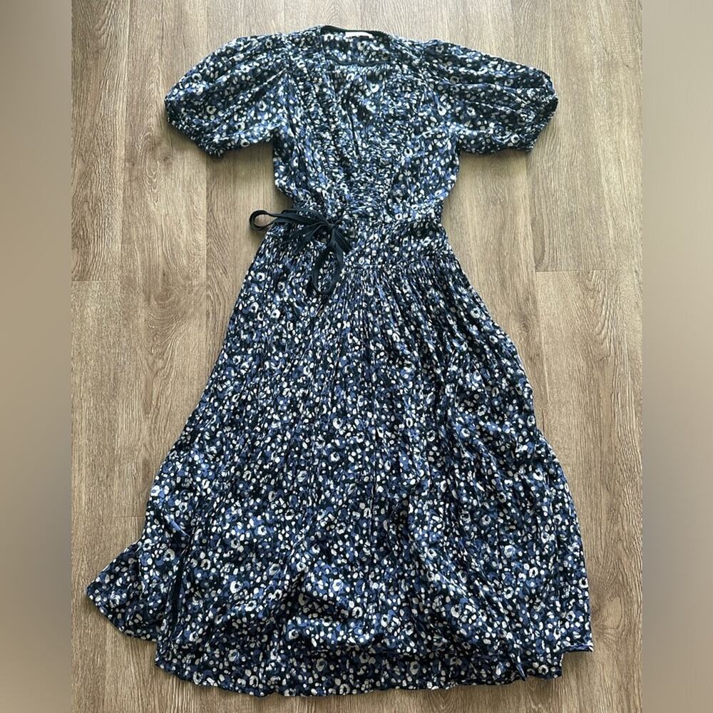 Ulla Johnson Kemala Wrap Midi Dress Indigo Batik Cotton Gauze Puff Sleeve Sz 0